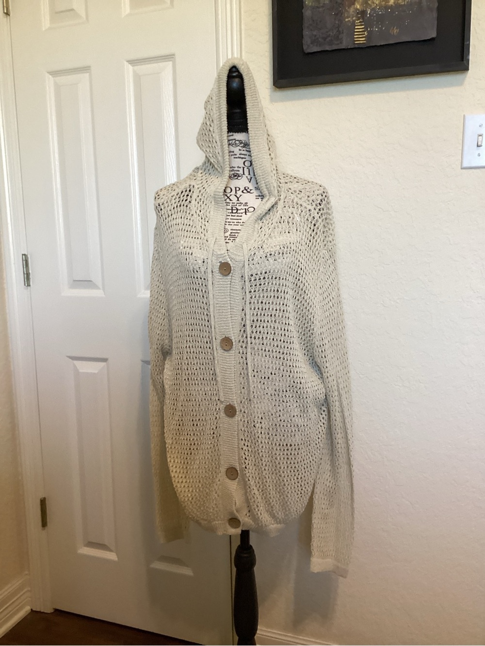 CHARLIE B Cream Hooded Open-Weave Button Cardigan